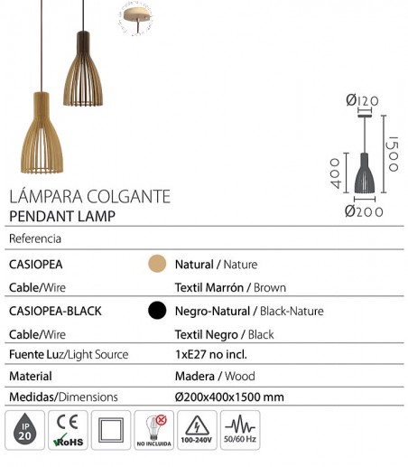 Características Lámpara colgante de techo de madera Casiopea Ø20 - Ineslam