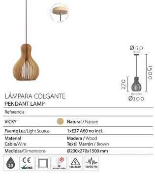 Lámpara colgante techo de madera Vicky Ø20 - Ineslam 2