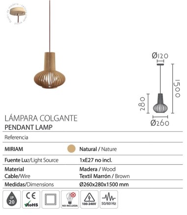 Características Lámpara de techo colgante madera Miriam Ø26 - Ineslam