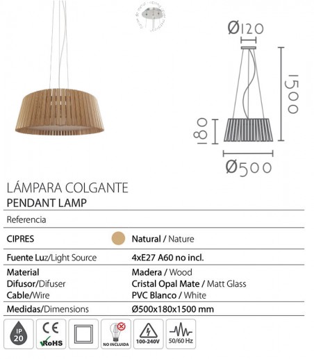 Características Lámpara techo comedor pantalla madera Cipres Ø50 - Ineslam