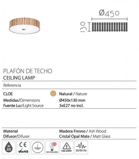 Características Plafón de techo pantalla madera Cloe Ø45 - Ineslam