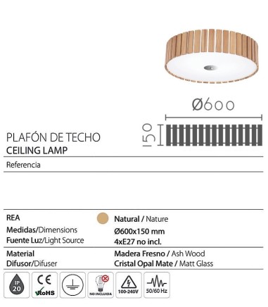Características Plafón de techo pantalla madera Rea Ø60 - Ineslam