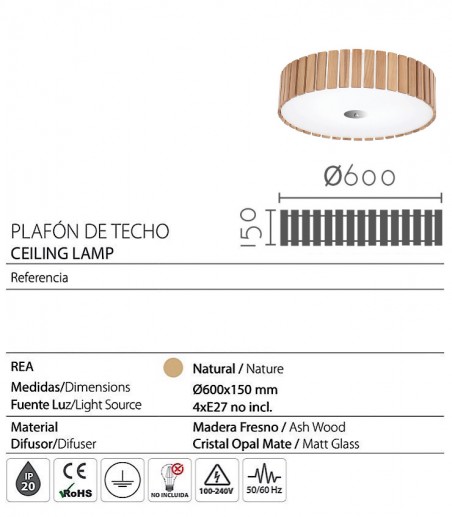 Características Plafón de techo pantalla madera Rea Ø60 - Ineslam