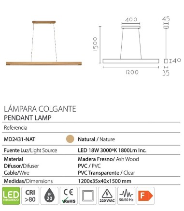 Características Lámpara techo comedor lineal madera MD2431-NAT - Ineslam