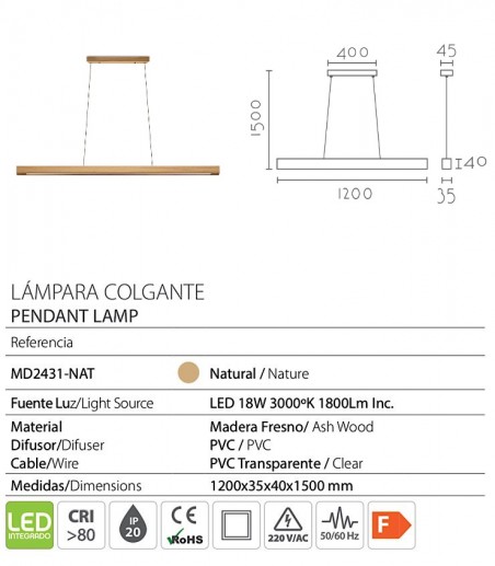 Características Lámpara techo comedor lineal madera MD2431-NAT - Ineslam