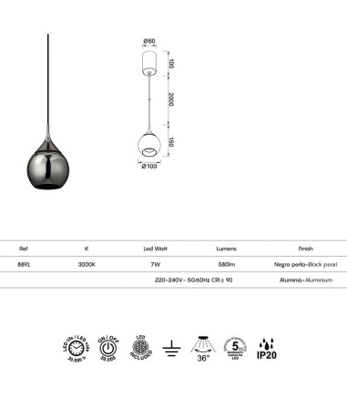 Lámpara colgante LED Drop negro perla...