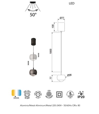 Características Lámpara colgante sube y baja Roller 12W Ø9.6 - Mantra