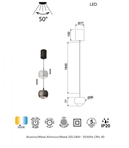 Características Lámpara colgante sube y baja Roller 12W Ø9.6 - Mantra