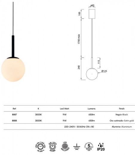 Características Lámpara colgante de techo con globo cristal Puebla 9W negro 8887 - Mantra