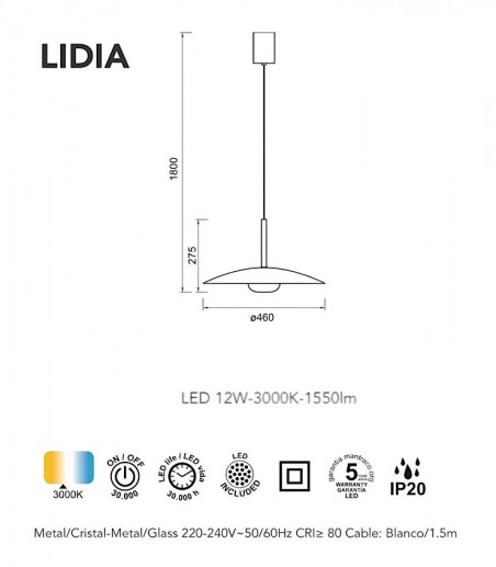 Características Lámpara colgante LED Lidia 12W - Mantra
