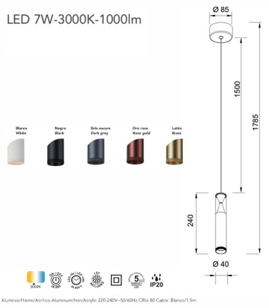 Características Lámpara colgante de techo cilíndrica Spark LED 7W - Mantra