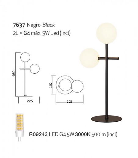 Dimensiones Lámpara de mesa Cellar 2 Luces G4 negro 7637 - Mantra