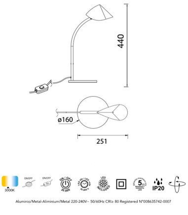 Características Lámpara de mesa Capuccina 8.5W Baja 44cm negro, blanco - Mantra