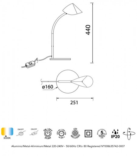 Características Lámpara de mesa Capuccina 8.5W Baja 44cm negro, blanco - Mantra