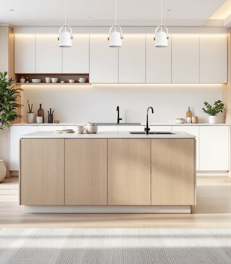 Isla de cocina con lámparas colgantes nórdicas MD2344-WH metal blanco-madera Ø14cm E27 - Ineslam