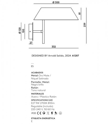 Dimensiones Aplique de pared Aider A1287 - Aromas