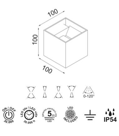 Características Aplique pared Davos 12w cubo negro IP54 6524 -7649 - Mantra