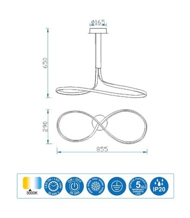 Características Lámpara de techo NUR Led 40W Lazo Altura 65cm Plata Mantra