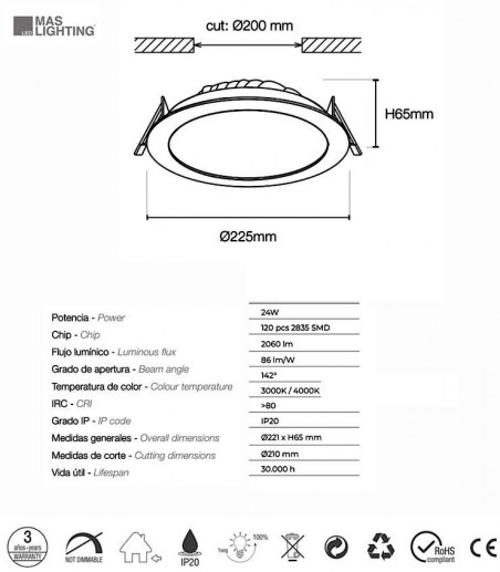 Características Downlight Arch LED 24W Ø22.5cm - Maslighting