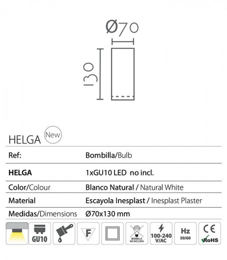 Características: Foco de superficie cilíndrico de escayola GU10 Helga Ø70X130mm - Ineslam