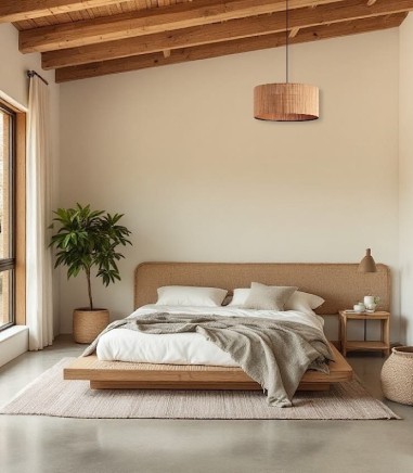 Dormitorio con techo de madera y lámpara de techo con pantalla de bambú Rail - MDC