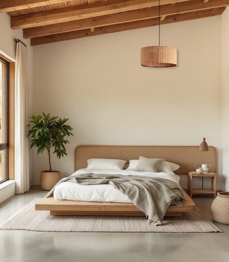 Dormitorio con techo de madera y lámpara de techo con pantalla de bambú Rail - MDC