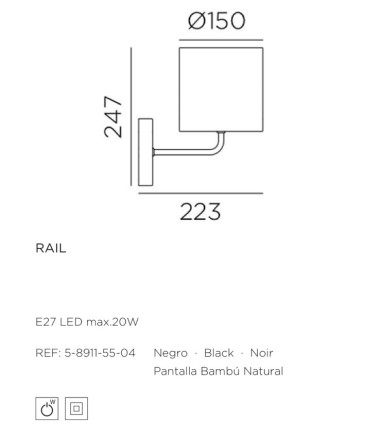 Dimensiones y características de: Aplique de pared con pantalla de bambú Rail - MDC