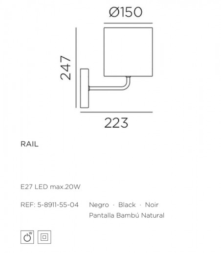 Dimensiones y características de: Aplique de pared con pantalla de bambú Rail - MDC