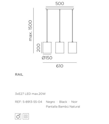 Dimensiones: Lámpara de techo lineal con 3 pantallas de bambú Rail - MDC