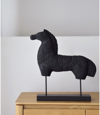 Escultura decorativa Caballo N3 madera tallada a mano negro - VP Interiorismo