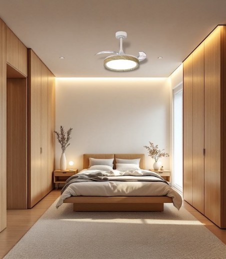 Dormitorio con Ventilador de techo con luz y mando Mistral madera 106cm 8827 - Mantra