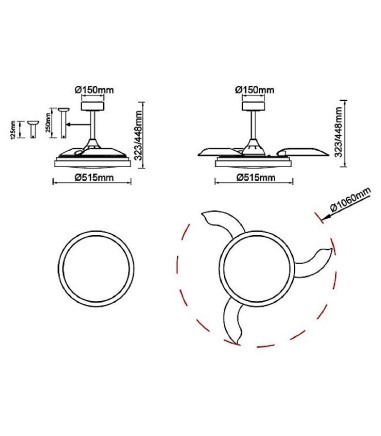 Dimensiones: Ventilador de techo con luz y mando Mistral 106cm - Mantra