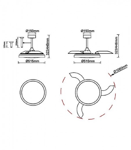 Dimensiones: Ventilador de techo con luz y mando Mistral 106cm - Mantra