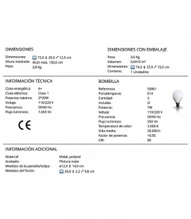 Lámpara nórdica ADAME 3 luces de Schuller. Características técnicas