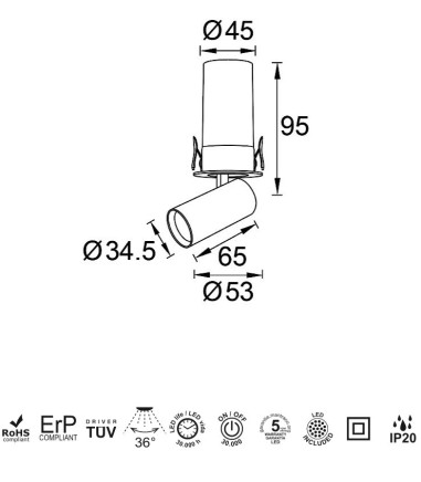 Dimensiones y características del Foco empotrable GARDA Mini 7W blanco basculante - Mantra - Ø53
