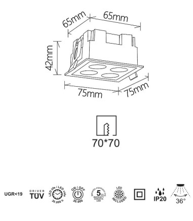 Dimensiones y características: Foco empotrable LED mini Blau3 10W cuadrado 75x75 - Mantra