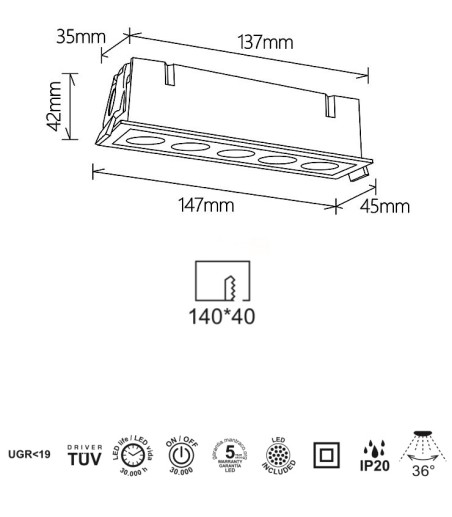 Características y dimensiones del Foco empotrable LED mini Blau4 12W rectangular 147x45 - Mantra