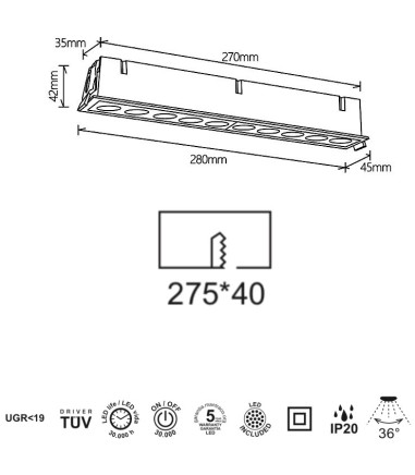Dimensiones del Foco empotrable LED mini Blau5 24W rectangular 280x45 - Mantra
