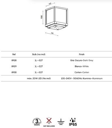 Características Sobremuro exterior UTAH IP65 E27 - Mantra