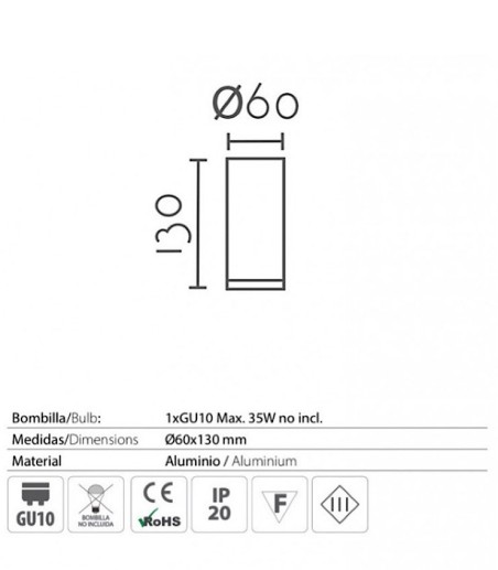 Dimensiones del Foco superficie cilíndrico Ø60X130mm GU10 MX8104 - Ineslam