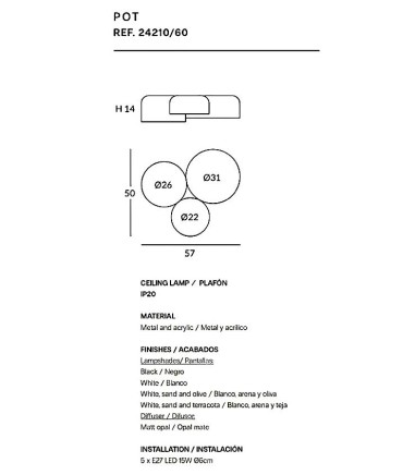 Caractrísticas de los plafones POT triple de 5 luces - Olé Lighting