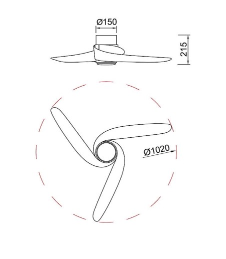 Dimensiones del Sala con Ventilador de techo LED Groenland S Ø102cm de 3 aspas - Mantra