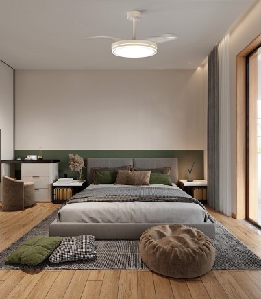Dormitorio con un Ventilador de techo con luz y mando Luna M Ø106cm - Mantra