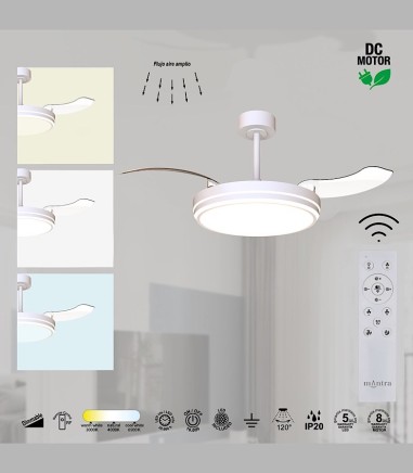 Detalles Ventilador de techo blanco con luz  aspas retráctiles Luna M Ø106cm - Mantra