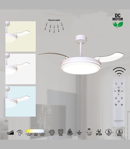 Detalles Ventilador de techo blanco con luz  aspas retráctiles Luna M Ø106cm - Mantra
