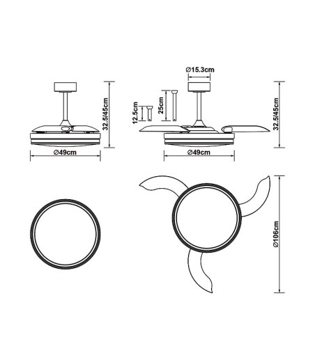Dimensiones del Ventilador de techo blanco con luz  aspas retráctiles Luna M Ø106cm - Mantra