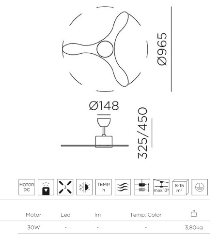 Dimensiones Ventilador de techo Riga Wo XS DC 96.5 cm sin luz - MDC