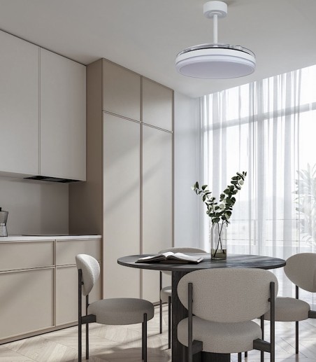 Cocina con un Ventilador de techo LED aspas retráctiles Luna S Ø91cm - Mantra