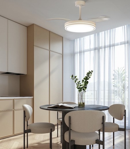 Cocina con un Ventilador de techo LED aspas retráctiles Luna S Ø91cm - Mantra