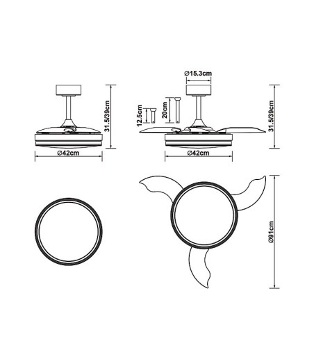 Dimensiones del Ventilador de techo LED aspas retráctiles Luna S Ø91cm - Mantra